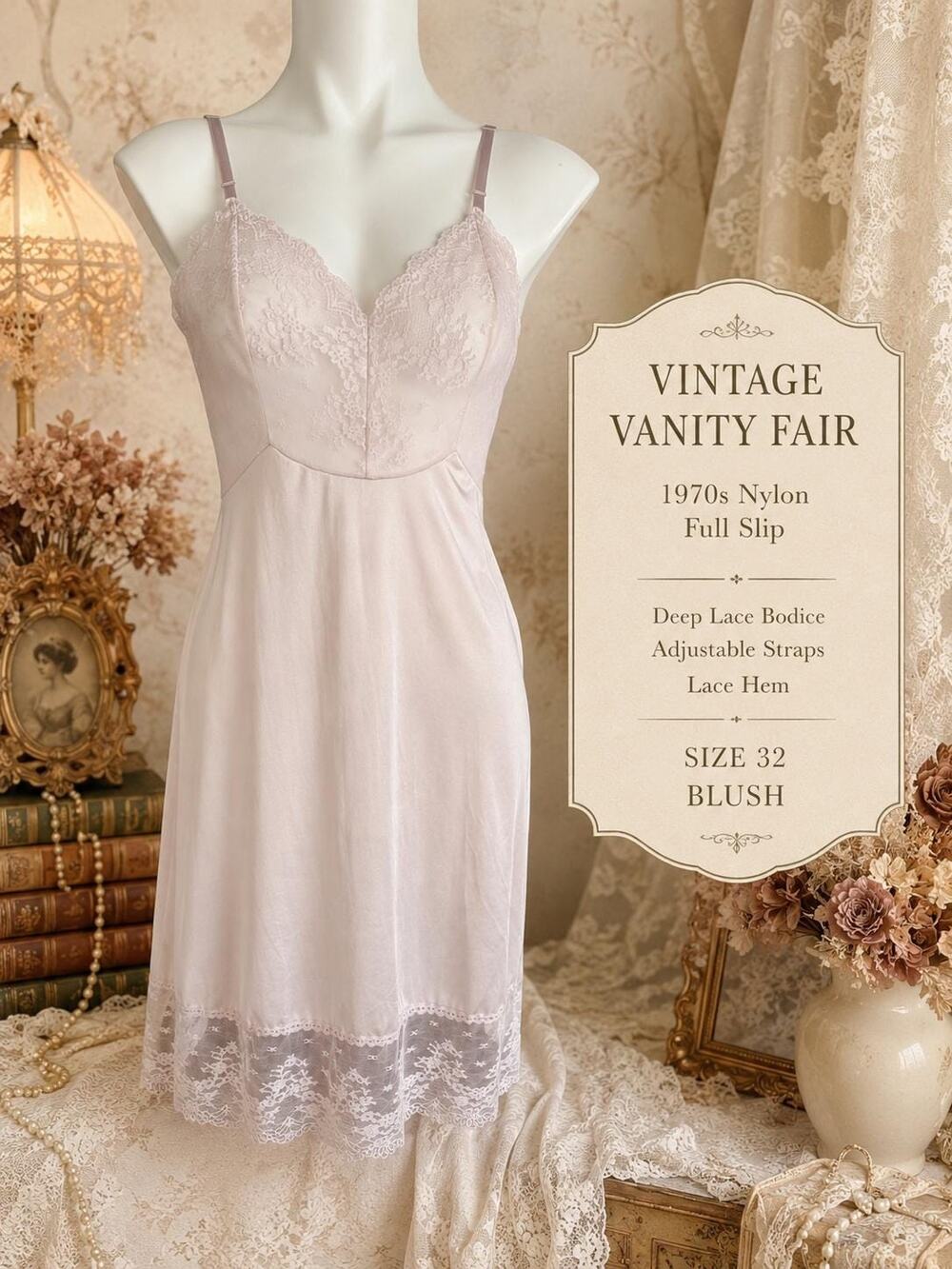 Vintage Vanity Fair Nylon Full Slip 1970s Deep Lace Blush Size 32